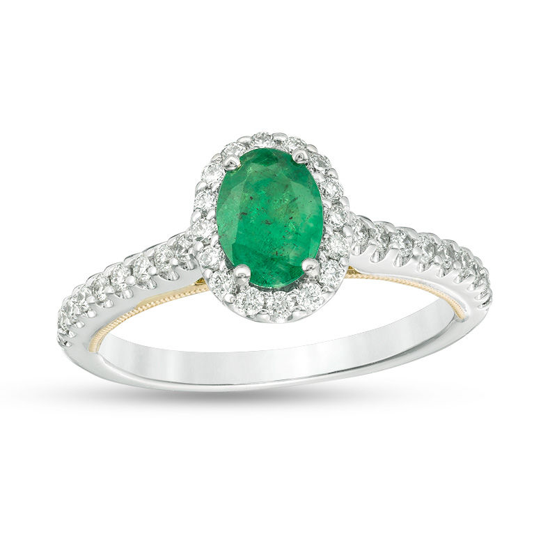 EFFY™ Collection Oval Emerald and 1/3 CT. T.W. Diamond Frame Ring in 14K Two-Tone Gold