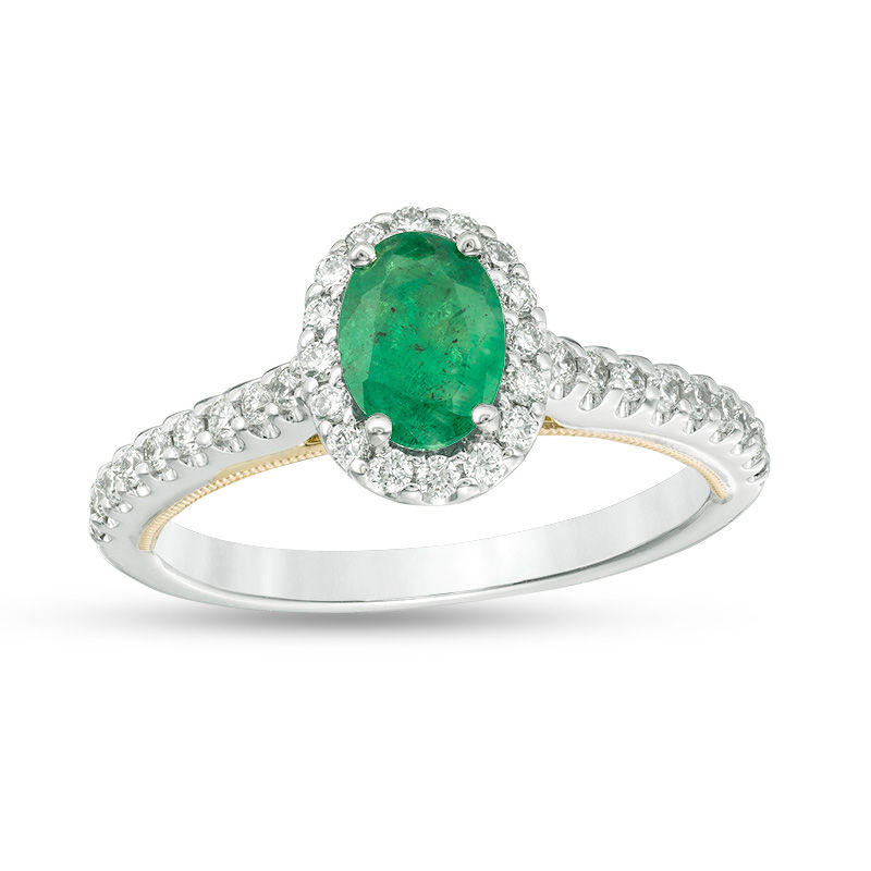 Main Image 1 of EFFY™ Collection Oval Emerald and 1/3 CT. T.W. Diamond Frame Ring in 14K Two-Tone Gold