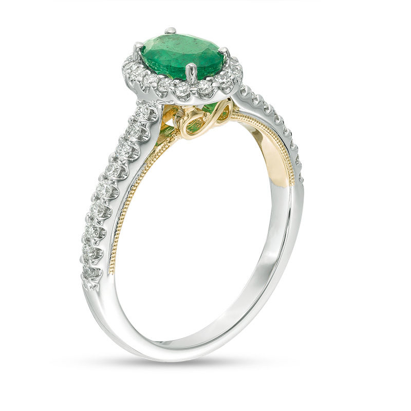 Main Image 2 of EFFY™ Collection Oval Emerald and 1/3 CT. T.W. Diamond Frame Ring in 14K Two-Tone Gold