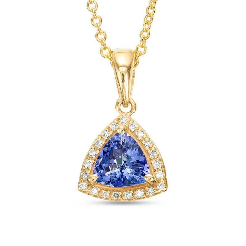 Main Image 1 of EFFY™ Collection 6.0mm Trillion-Cut Tanzanite and 1/20 CT. T.W. Diamond Frame Drop Pendant in 14K Gold