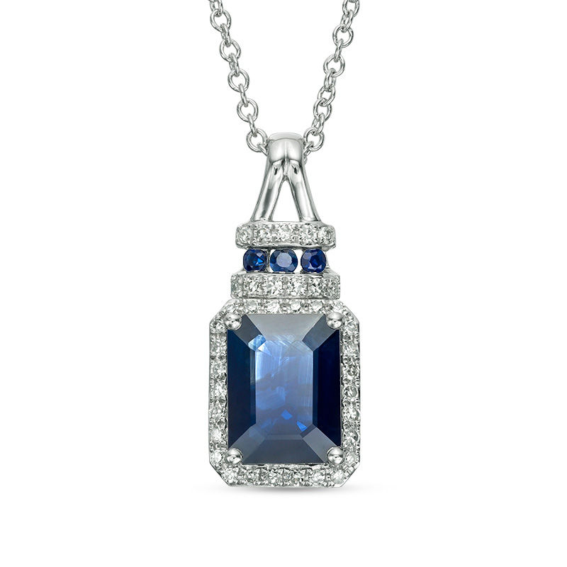 EFFY™ Collection Emerald-Cut Blue Sapphire and 1/8 CT. T.W. Diamond Frame Split Bale Pendant in 14K White Gold