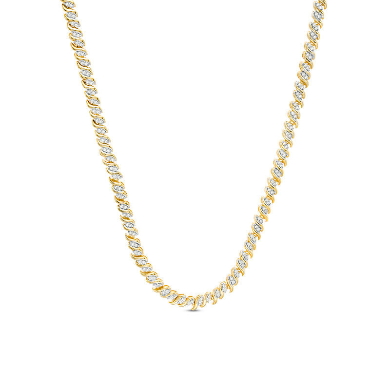 Main Image 1 of 1 CT. T.W. Diamond Two-Stone "S" Curve Tennis Necklace in Sterling Silver with Yellow Rhodium - 17"