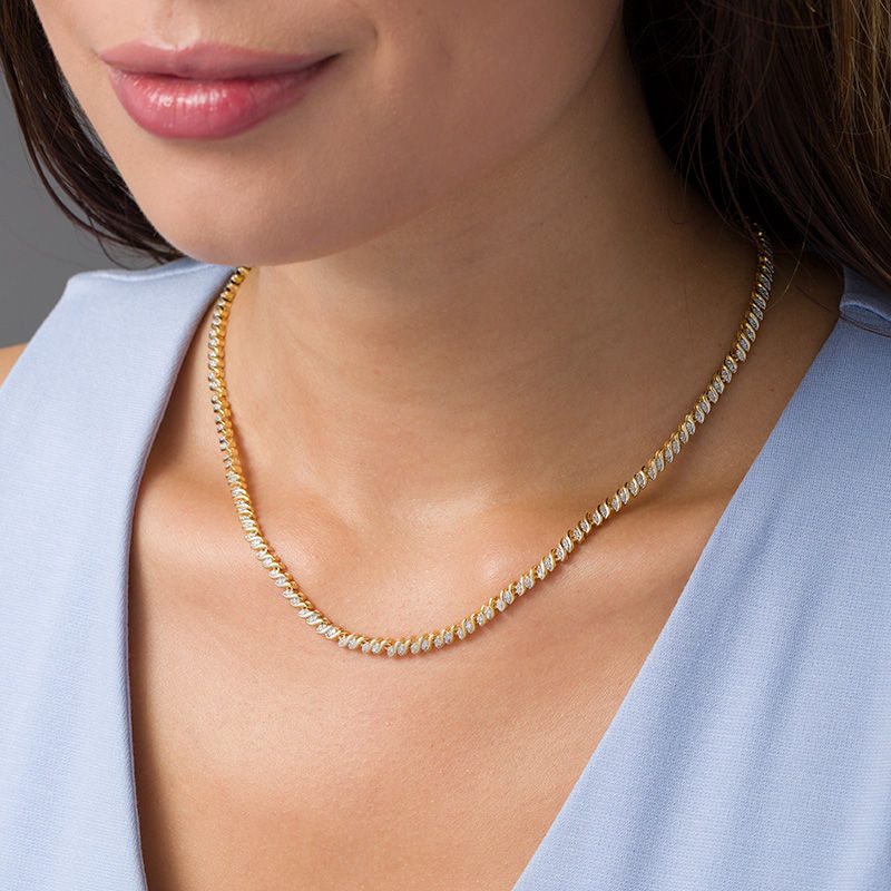 Main Image 2 of 1 CT. T.W. Diamond Two-Stone "S" Curve Tennis Necklace in Sterling Silver with Yellow Rhodium - 17"