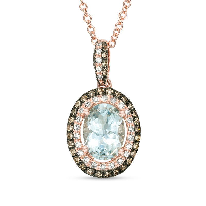 Main Image 1 of EFFY™ Collection Oval Aquamarine and 1/4 CT. T.W. Champagne and White Diamond Frame Drop Pendant in 14K Rose Gold