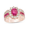 Thumbnail Image 0 of EFFY™ Collection Oval Ruby and 1 CT. T.W. Diamond Starburst Frame Scallop Shank Ring in 14K Rose Gold