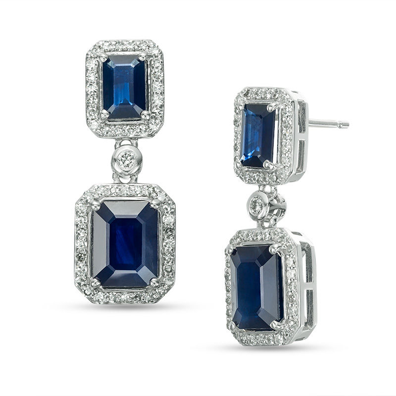 Main Image 1 of EFFY™ Collection Emerald-Cut Blue Sapphire and 1/2 CT. T.W. Diamond Frame Double Drop Earrings in 14K White Gold