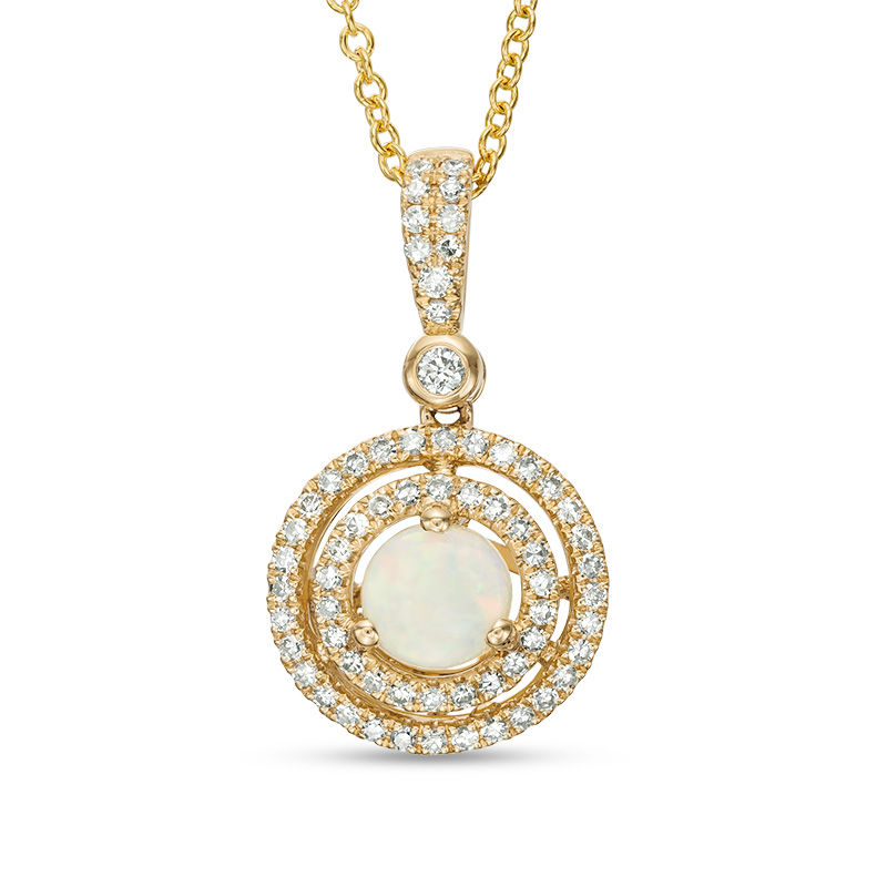 Main Image 1 of EFFY™ Collection 5.0mm Opal and 1/4 CT. T.W. Diamond Double Frame Drop Pendant in 14K Gold