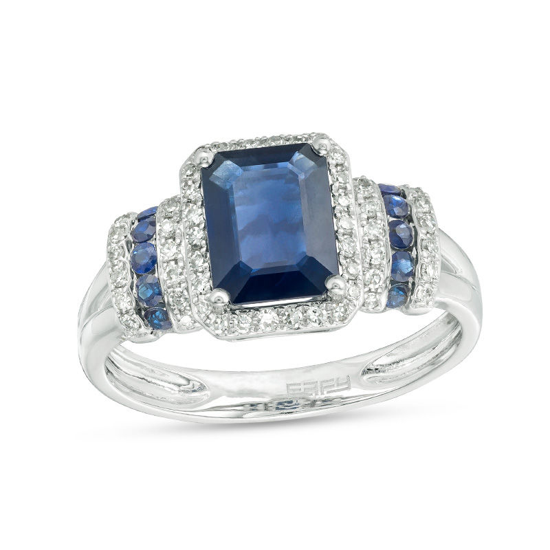 Main Image 1 of EFFY™ Collection Emerald-Cut Blue Sapphire and 1/5 CT. T.W. Diamond Frame Collared Split Shank Ring in 14K White Gold