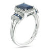 Thumbnail Image 1 of EFFY™ Collection Emerald-Cut Blue Sapphire and 1/5 CT. T.W. Diamond Frame Collared Split Shank Ring in 14K White Gold