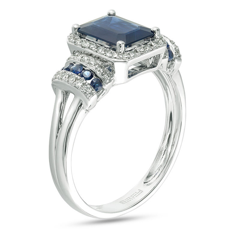 EFFY™ Collection Emerald-Cut Blue Sapphire and 1/5 CT. T.W. Diamond Frame Collared Split Shank Ring in 14K White Gold