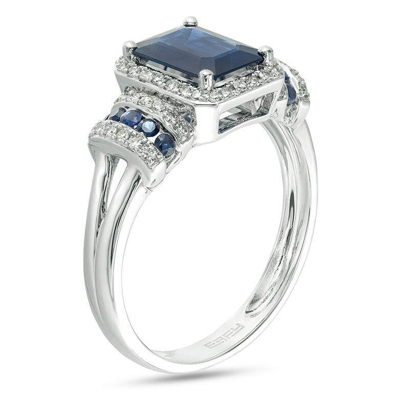 Main Image 2 of EFFY™ Collection Emerald-Cut Blue Sapphire and 1/5 CT. T.W. Diamond Frame Collared Split Shank Ring in 14K White Gold