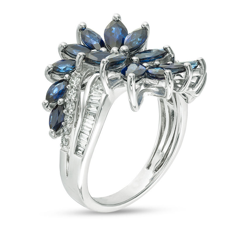 EFFY™ Collection Marquise Blue Sapphire and 1/3 CT. T.W. Diamond Bypass Split Shank Floral Ring in 14K White Gold