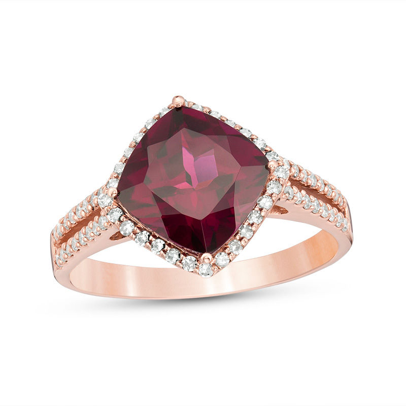 Main Image 1 of EFFY™ Collection 8.0mm Cushion-Cut Rhodolite Garnet and 1/4 CT. T.W. Diamond Frame Open Double Row Shank Ring in 14K Rose Gold