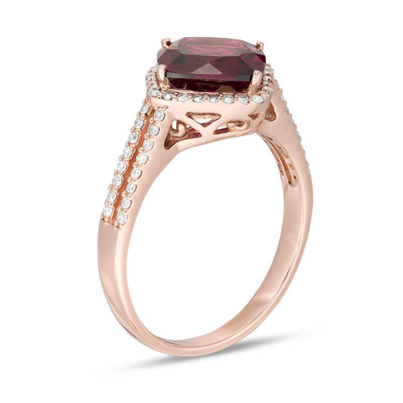 Main Image 2 of EFFY™ Collection 8.0mm Cushion-Cut Rhodolite Garnet and 1/4 CT. T.W. Diamond Frame Open Double Row Shank Ring in 14K Rose Gold