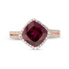 Thumbnail Image 3 of EFFY™ Collection 8.0mm Cushion-Cut Rhodolite Garnet and 1/4 CT. T.W. Diamond Frame Open Double Row Shank Ring in 14K Rose Gold