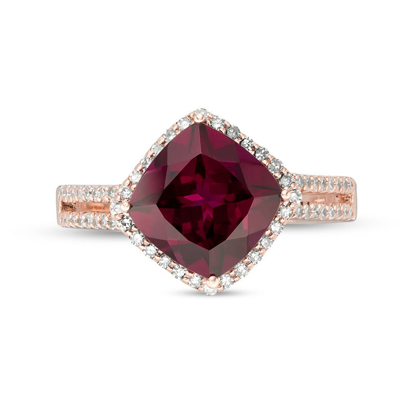 Main Image 3 of EFFY™ Collection 8.0mm Cushion-Cut Rhodolite Garnet and 1/4 CT. T.W. Diamond Frame Open Double Row Shank Ring in 14K Rose Gold