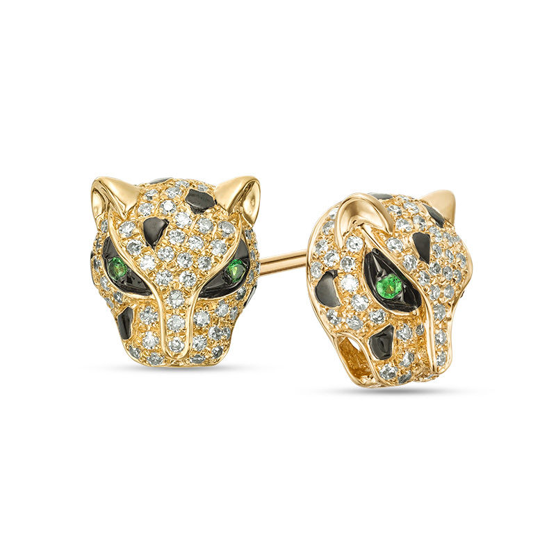 Vintage style Petit Leopard Jaguar Earrings Silver Stud metal Crystals Green eye