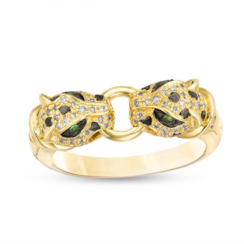 EFFY™ Collection Tsavorite and 1/3 CT. T.W. Diamond Double Panther Head Doorknocker Ring in 14K Gold