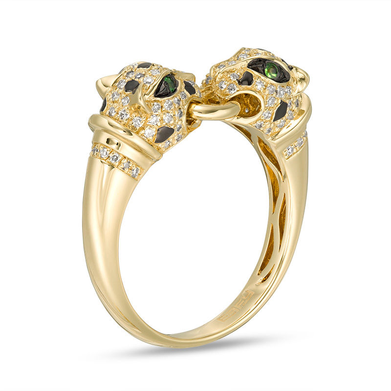 EFFY™ Collection Tsavorite and 1/3 CT. T.W. Diamond Double Panther Head Doorknocker Ring in 14K Gold