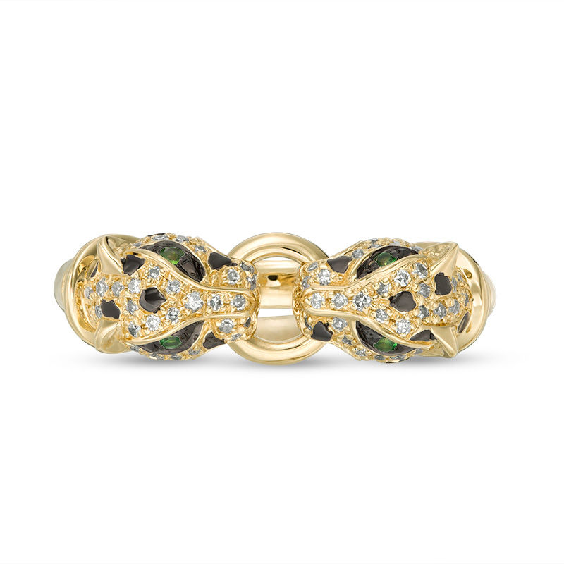 Main Image 3 of EFFY™ Collection Tsavorite and 1/3 CT. T.W. Diamond Double Panther Head Doorknocker Ring in 14K Gold