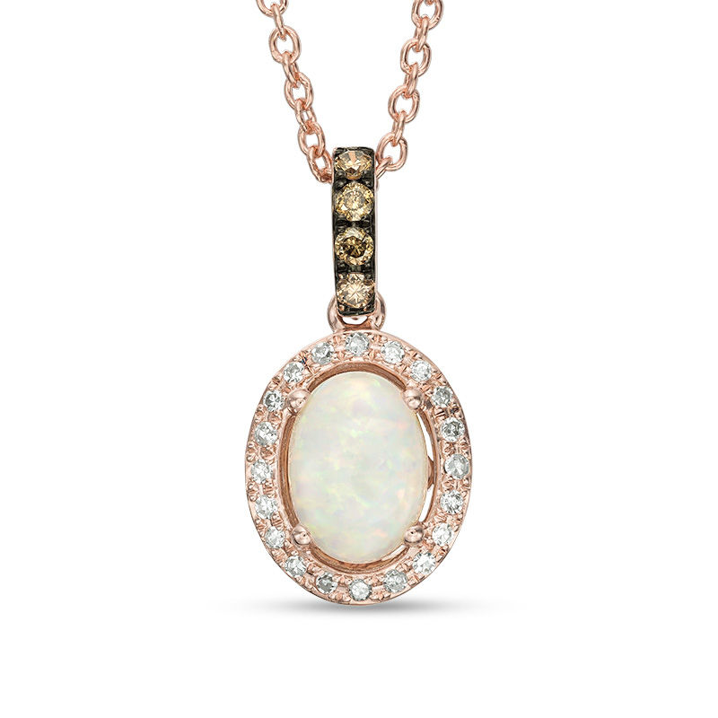 EFFY™ Collection Oval Opal and 1/8 CT. T.W. Champagne and White Diamond Frame Drop Pendant in 14K Rose Gold