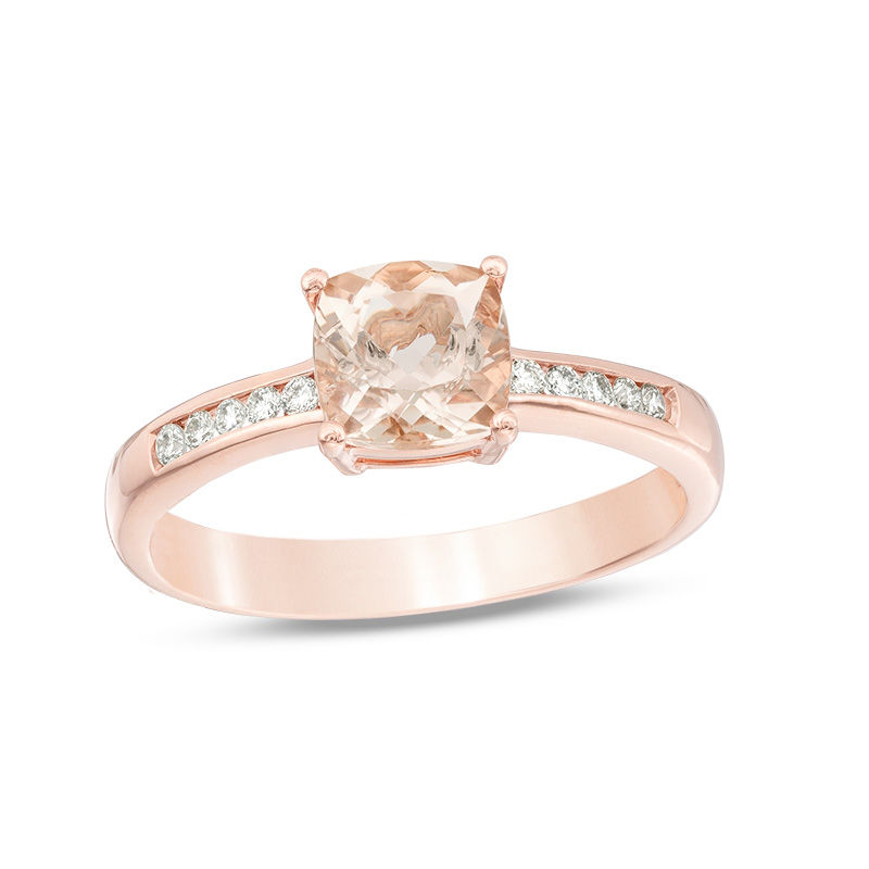 EFFY™ Collection 6.0mm Cushion-Cut Morganite and 1/10 CT. T.W. Diamond Ring in 14K Rose Gold