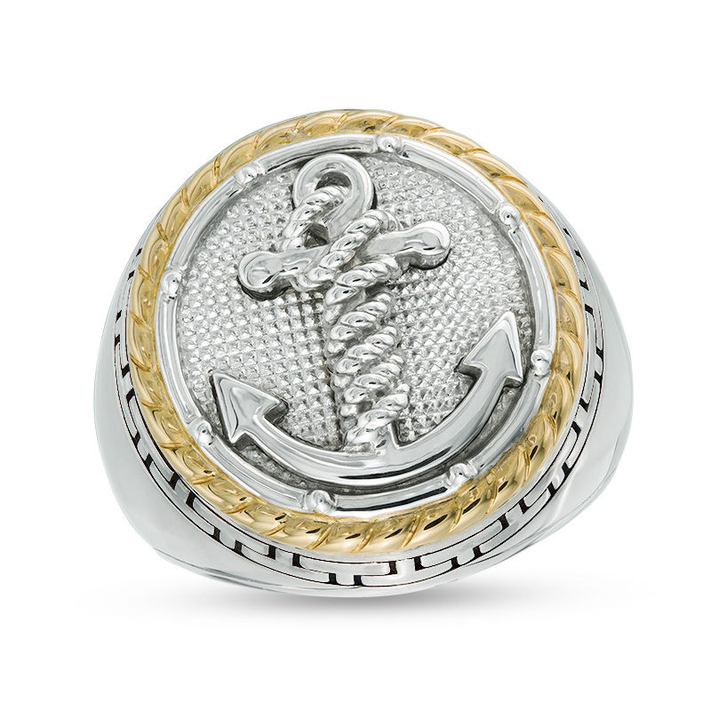 Main Image 1 of EFFY™ Collection Anchor and Rope Frame Grid Pattern Signet Ring in Sterling Silver and 14K Gold Plate