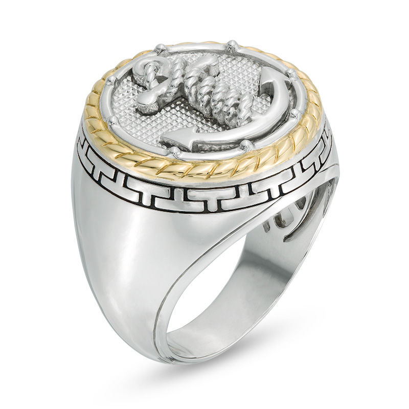 Main Image 2 of EFFY™ Collection Anchor and Rope Frame Grid Pattern Signet Ring in Sterling Silver and 14K Gold Plate