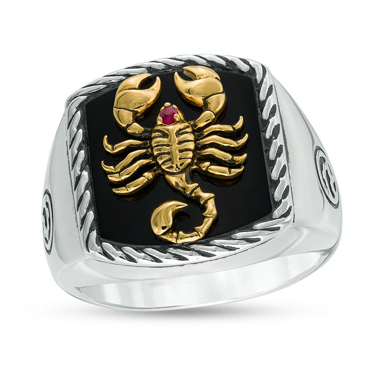 Main Image 1 of EFFY™ Collection Onyx and Ruby Scorpion Rope Frame Signet Ring in Sterling Silver and 14K Gold Plate