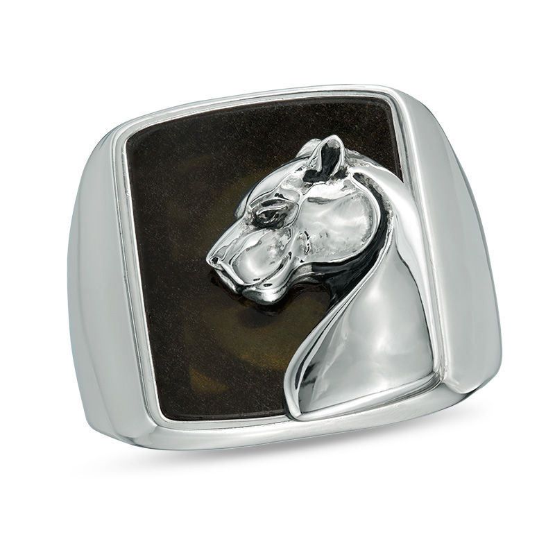 EFFY™ Collection Men's Obsidian Panther Overlay Signet Ring in Sterling Silver