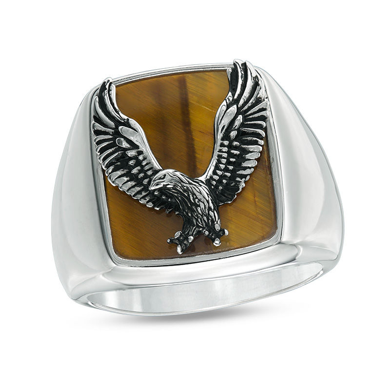 EFFY™ Collection Men's Tiger's Eye Eagle Overlay Signet Ring in Sterling Silver