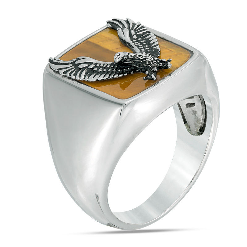 EFFY™ Collection Men's Tiger's Eye Eagle Overlay Signet Ring in Sterling Silver
