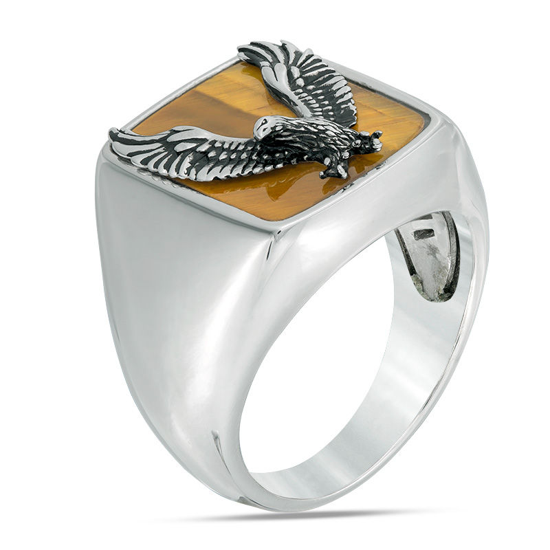 Main Image 2 of EFFY™ Collection Tiger's Eye Eagle Overlay Signet Ring in Sterling Silver