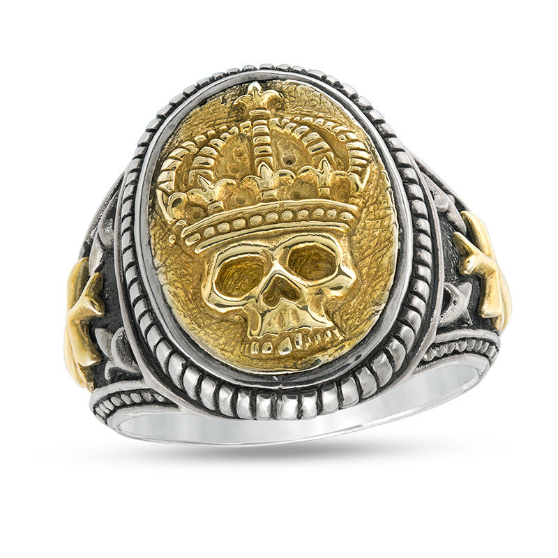 EFFY™ Collection Men's Crowned Skull Rope Frame Oval Signet Ring in Sterling Silver and 18K Gold Plate