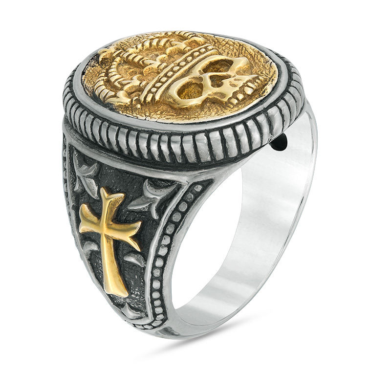 EFFY™ Collection Men's Crowned Skull Rope Frame Oval Signet Ring in Sterling Silver and 18K Gold Plate