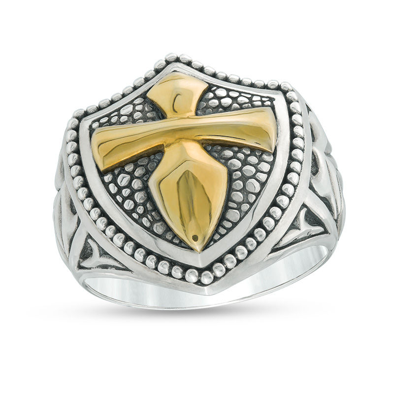 EFFY™ Collection Men's Gothic-Style Cross Bead Frame Shield Ring in Sterling Silver and 18K Gold Plate