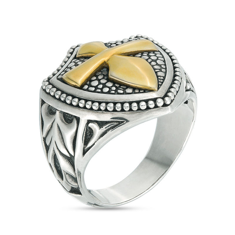 EFFY™ Collection Men's Gothic-Style Cross Bead Frame Shield Ring in Sterling Silver and 18K Gold Plate