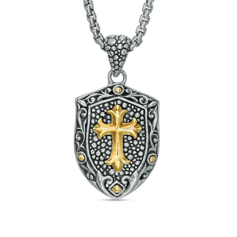Main Image 1 of EFFY™ Collection Men's Gothic-Style Cross Filigree Frame Shield Pendant in Sterling Silver and 18K Gold Plate - 24"
