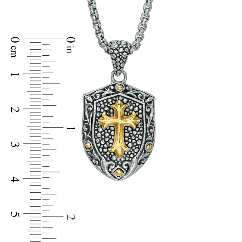 Main Image 2 of EFFY™ Collection Men's Gothic-Style Cross Filigree Frame Shield Pendant in Sterling Silver and 18K Gold Plate - 24"