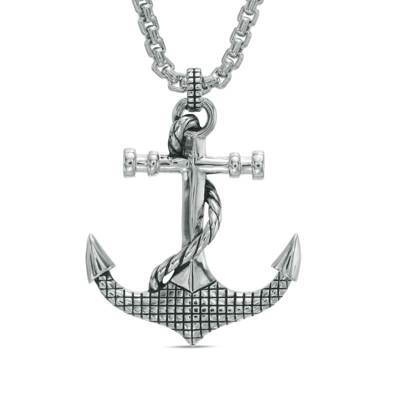 Main Image 1 of EFFY™ Collection Men's Grid Pattern Anchor and Rope Pendant in Sterling Silver - 24"