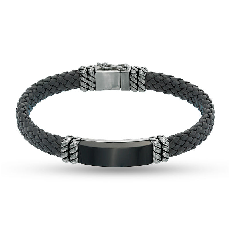 Main Image 1 of EFFY™ Collection Rectangle Onyx Rope Accent Black Leather Bracelet in Sterling Silver