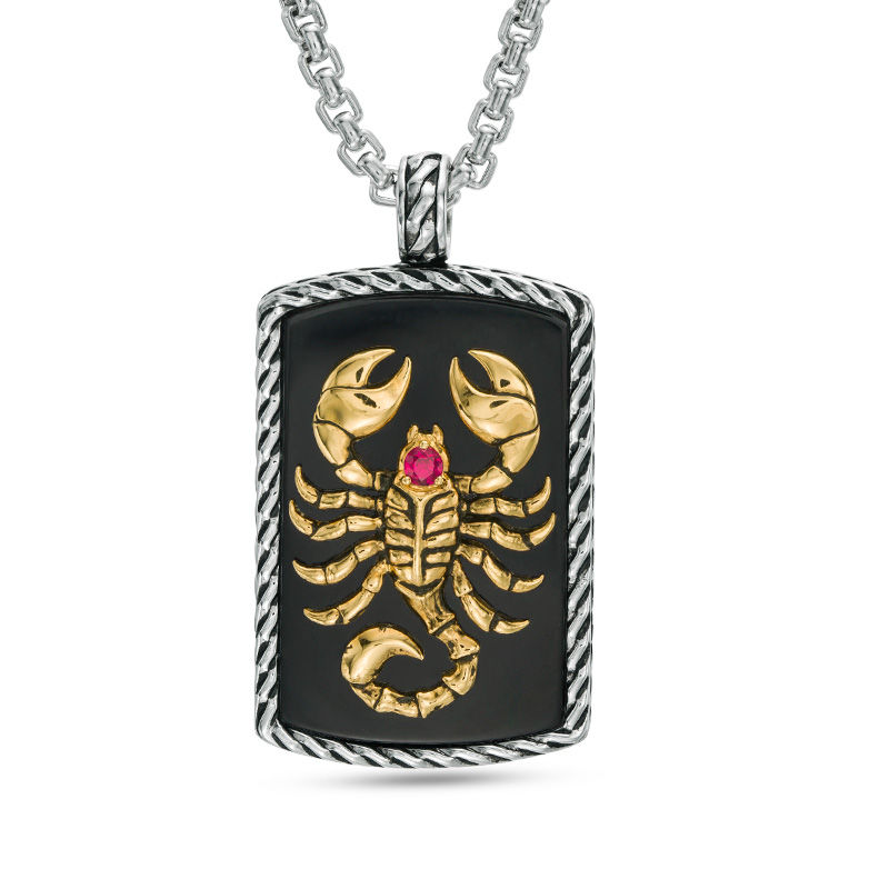 Main Image 1 of EFFY™ Collection Men's Onyx and Ruby Scorpion Rope Frame Dog Tag Pendant in Sterling Silver and 14K Gold Plate - 24"