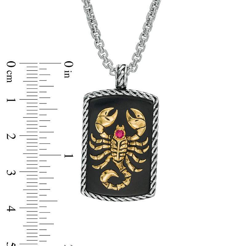 EFFY™ Collection Men's Onyx and Ruby Scorpion Rope Frame Dog Tag Pendant in Sterling Silver and 14K Gold Plate - 24"