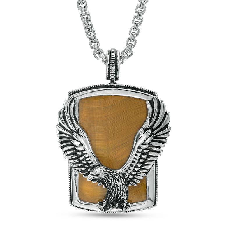 Main Image 1 of EFFY™ Collection Men's Tiger's Eye Eagle Overlay Multi-Finish Frame Dog Tag Pendant in Sterling Silver - 24"