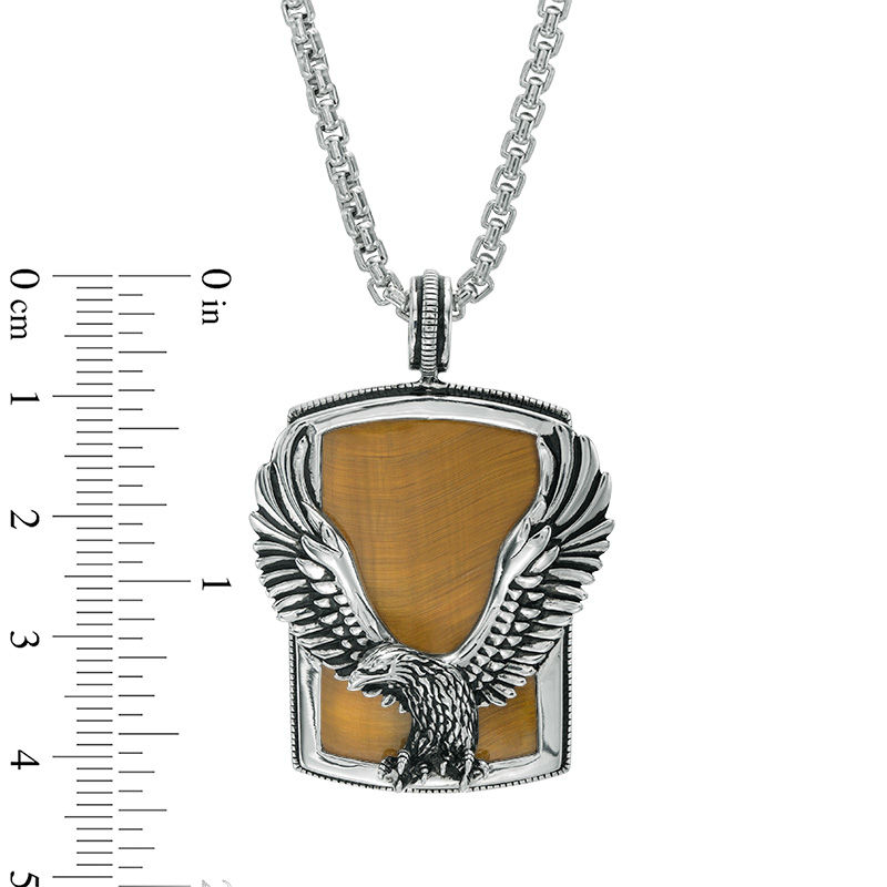 EFFY™ Collection Men's Tiger's Eye Eagle Overlay Multi-Finish Frame Dog Tag Pendant in Sterling Silver - 24"