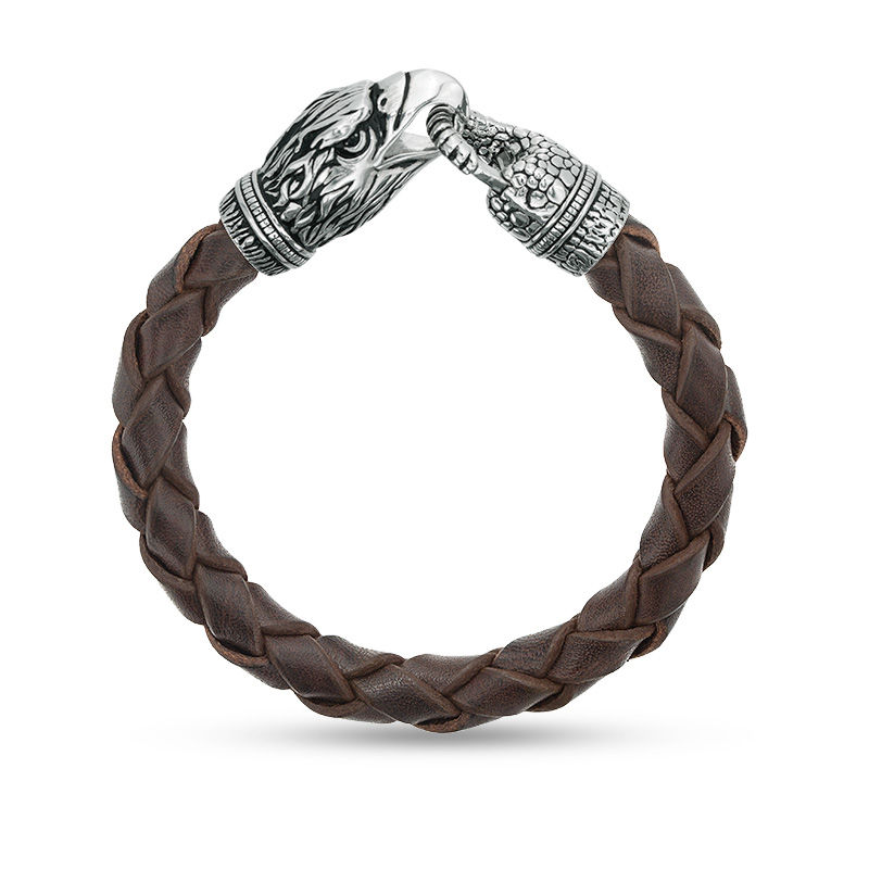 Main Image 1 of EFFY™ Collection Men's Black Spinel Eagle Head Brown Woven Leather Bracelet in Sterling Silver