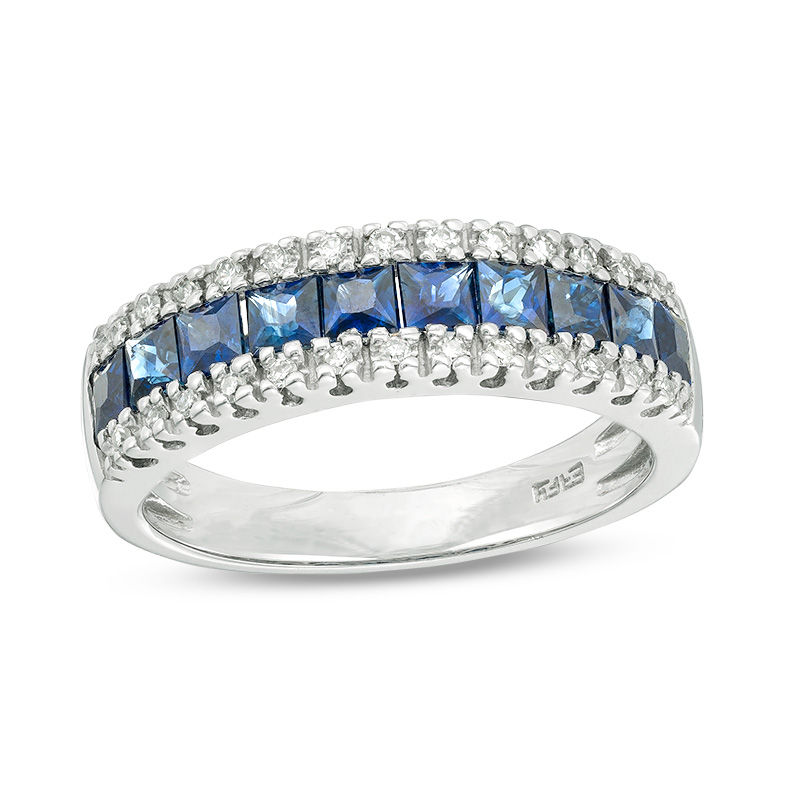 Main Image 1 of EFFY™ Collection Princess-Cut Blue Sapphire and 1/8 CT. T.W. Diamond Triple Row Ring in 14K White Gold