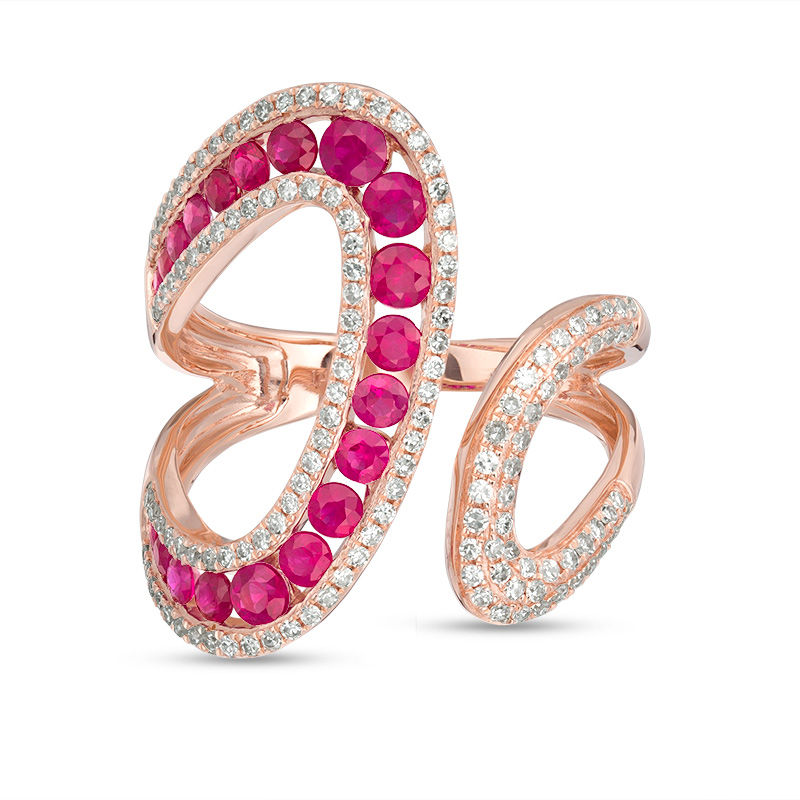 Main Image 3 of EFFY™ Collection Ruby and 3/8 CT. T.W. Diamond Open Loop Shank Wrap Ring in 14K Rose Gold