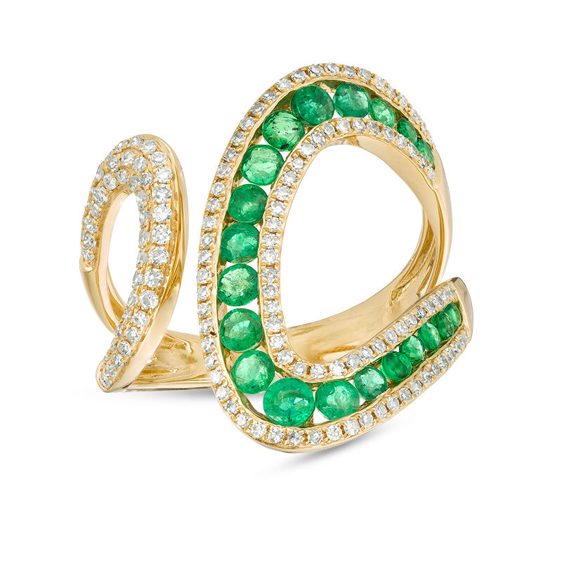 EFFY™ Collection Emerald and 3/8 CT. T.W. Diamond Open Loop Shank Wrap Ring  in 14K Gold
