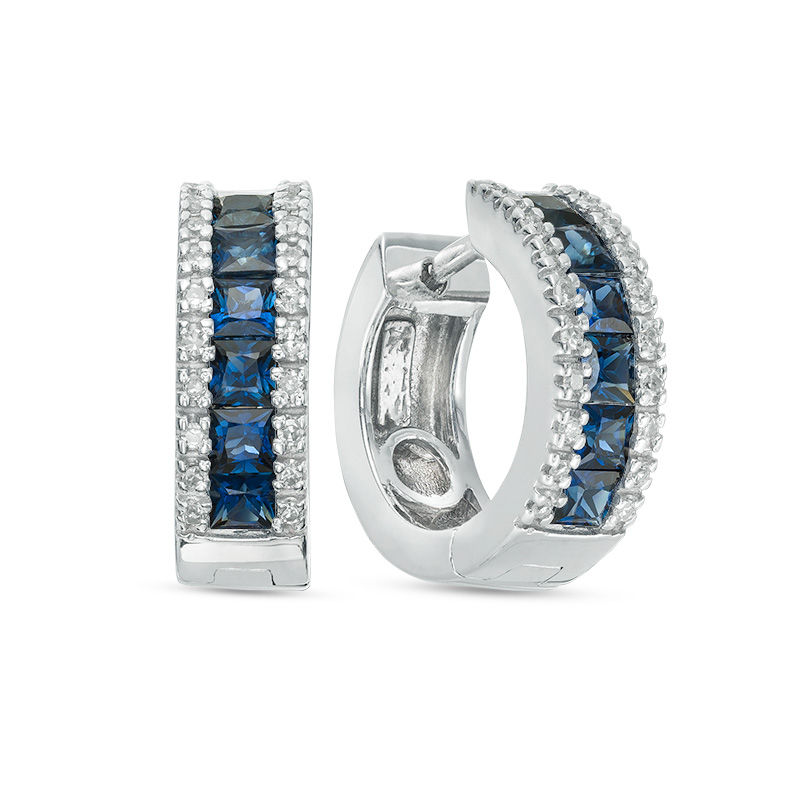 EFFY™ Collection Princess-Cut Blue Sapphire and 1/6 CT. T.W. Diamond Triple Row Huggie Hoop Earrings in 14K White Gold